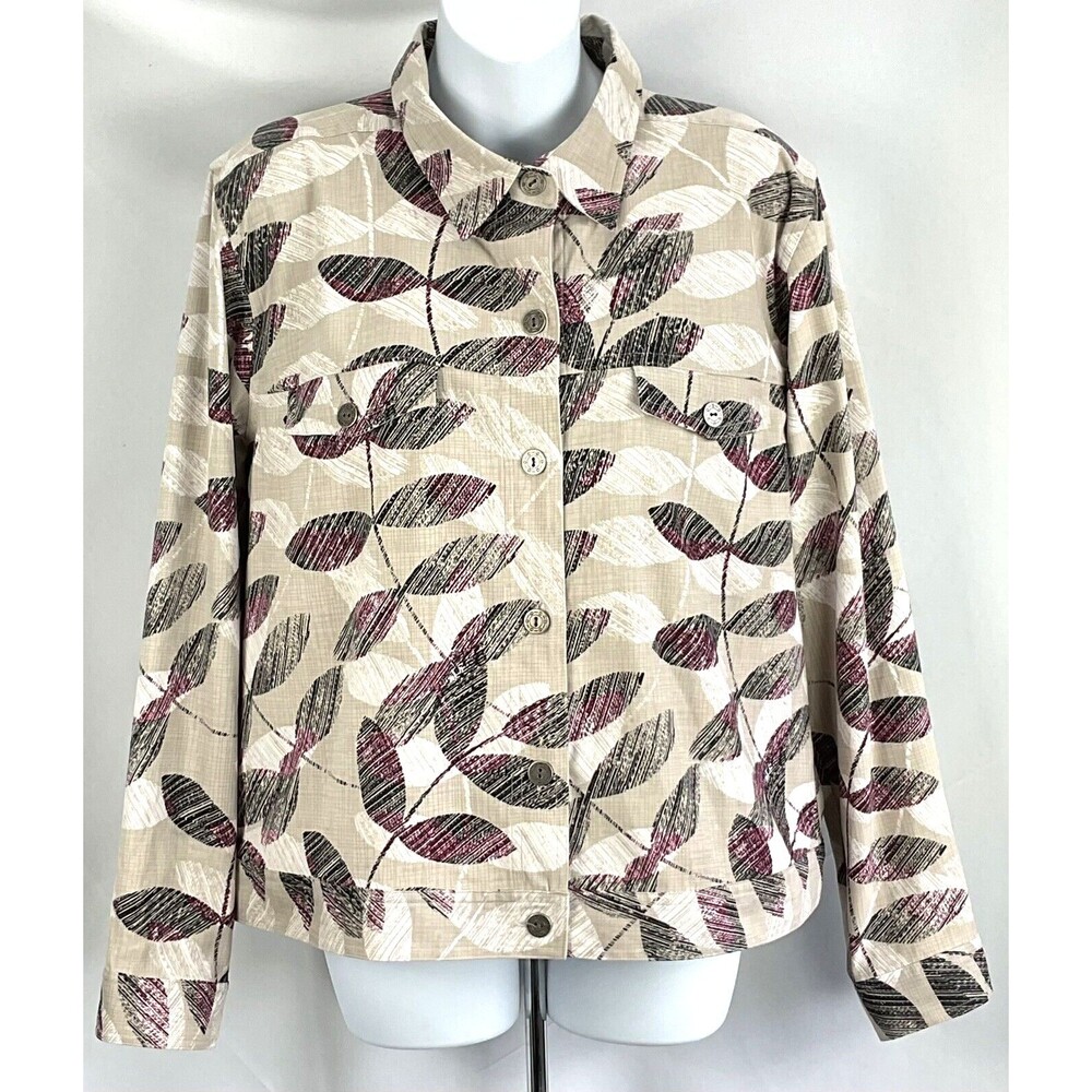 Christopher Banks light Jacket Shacket M Tan Purple Leaf Floral ButtonUp Pocket